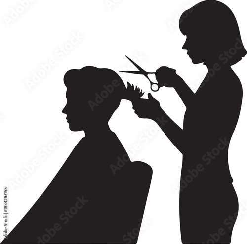 Silhouette of woman cutting man's hair with scissors