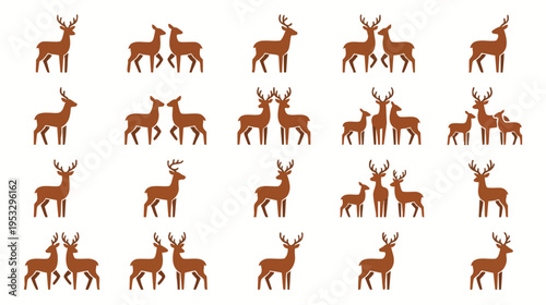 Various stylized illustrations of deer in different poses arranged in a grid pattern on a white background