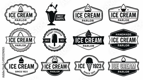 Black and white vintage ice cream parlor logos featuring classic designs with cones and text options