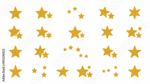 Collection of yellow stars in various sizes and patterns arranged on a white background