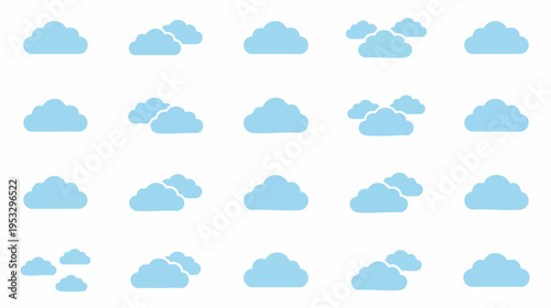 Pattern of blue clouds arranged in rows showcasing various shapes and sizes against a white background