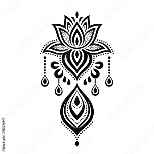 Intricate black and white mandala inspired by lotus flower and teardrop designs isolated on white background, Vector, illustration