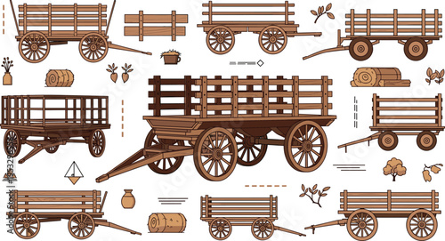 Wooden farm wagons and carts set with rustic rural transport vehicles, vintage agricultural carriage collection illustration for countryside and farming design