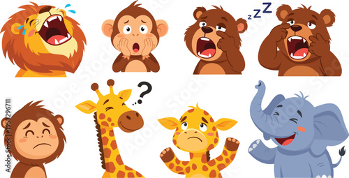 Cute Safari Animal Emotion Collection Featuring Lion Monkey Bear Giraffe and Elephant Character Expressions for Kids Education Feelings and Social Emotional Learning Vector Illustration