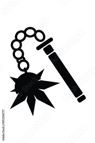 Black and white illustration of a flintlock pistol with chain and starburst accessory isolated on white background, Vector, illustration