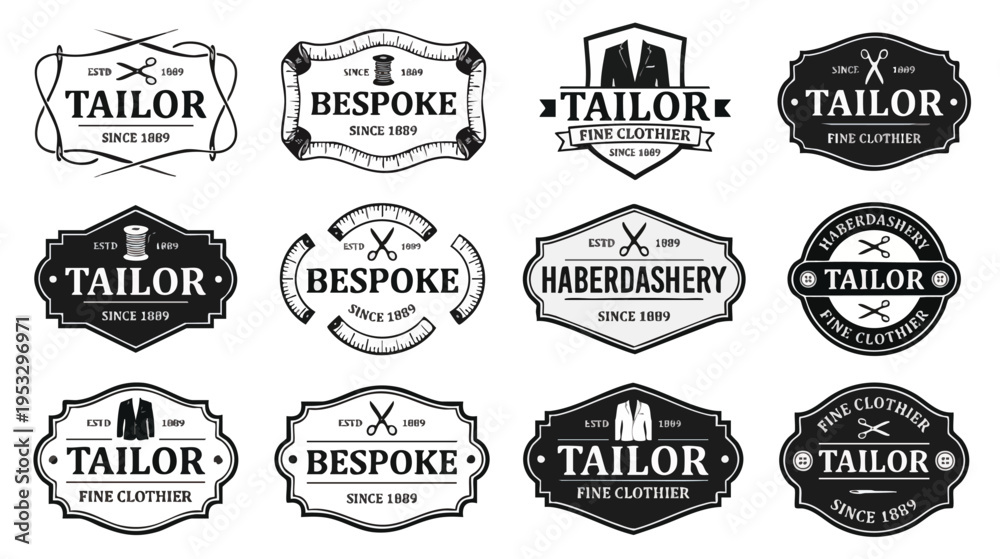 Fototapeta premium Vintage tailor and haberdashery emblems featuring scissors and text in various ornate designs