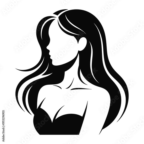 Elegant black and white silhouette portrait of a woman with long flowing hair isolated on white background, Vector, illustration