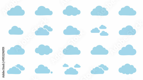 Various blue cloud icons arranged in a grid pattern against a white background showing different shapes and sizes