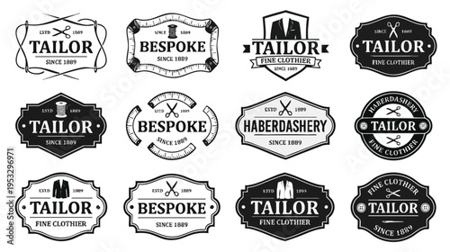 Vintage tailor and haberdashery emblems featuring scissors and text in various ornate designs