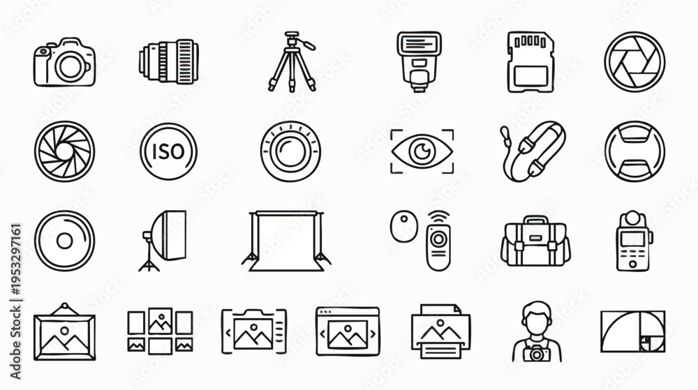 Fototapeta premium Collection of photography equipment icons including camera, lens, tripod, and lighting gear displayed in a grid pattern