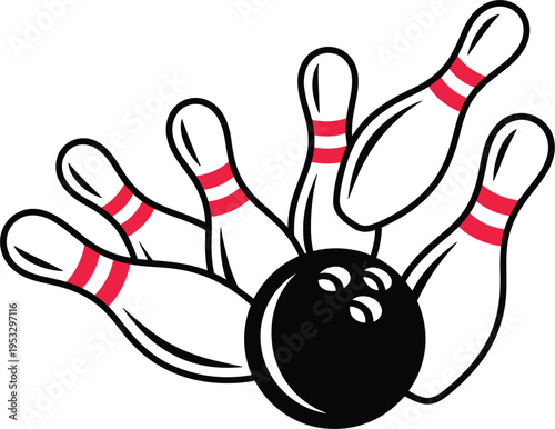 Bowling ball hitting pins action vector illustration, sports strike concept