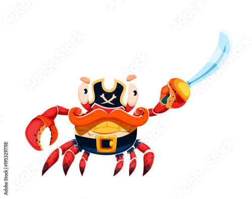 Cartoon red crab animal pirate character. Funny vector crab corsair with big red claws, yellow shell and large orange mustache. One claw holding sharp blue sword. Vector crustacean underwater corsair