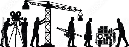 Group of people collaborating under a large umbrella structure in a coordinated manner isolated on white background, Vector, illustration