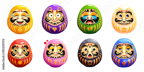Funny japanese daruma dolls, traditional art of Japan, vector mascots of luck and success. Cartoon round color dolls with funny faces and emotions. Japanese daruma toys, Bodhidharma wishing charms set