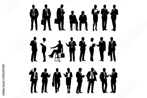 Silhouettes of business people in various professional poses and activities.