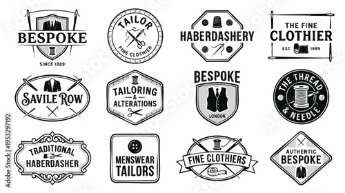 Collection of vintage clothing labels featuring bespoke tailoring and haberdashery themes in black and white design