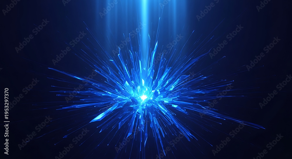 Obraz premium radiant blue crystal burst illuminating a dark abstract background with light rays perfect for technology and energy concepts.
