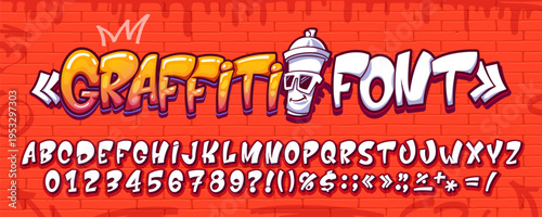 Street art cartoon graffiti font, urban typeface letters on brick wall vector background. Spray paint english alphabet type typography set with uppercase characters. Hip hop graffiti font abc letters