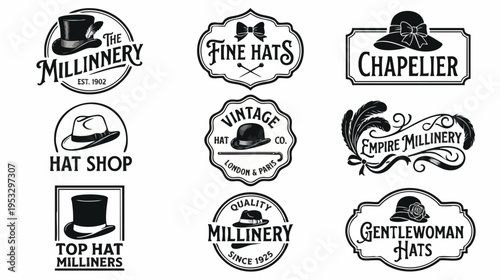 Collection of vintage hat shop logos with various designs and emblems showcasing classic millinery themes