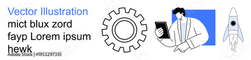 Business strategies, technology startups, innovation, engineering tools, professional growth, digital transformation. A gear, professional holding a tablet and a rocket. Business strategies