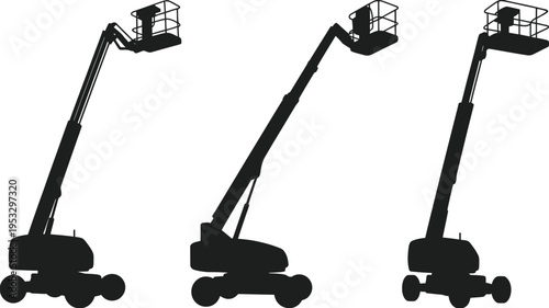 Three cherry pickers in different extended arm positions for lifting tasks isolated on white background, Vector, illustration