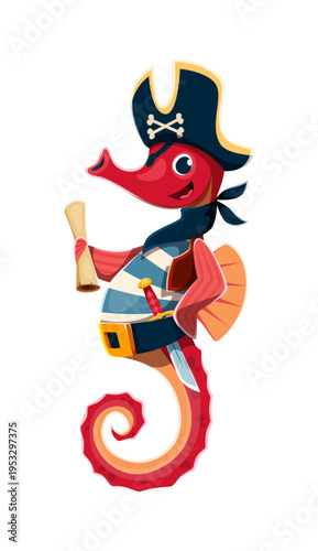 Cartoon seahorse animal pirate crew character with red curled tail and striped blue vest. Vector corsair wears a tricorn hat with crossbones, has a sword on the belt and holds a map scroll in the hand