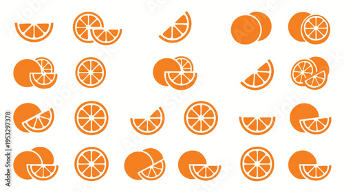 Collection of orange slice illustrations in various positions and angles showcasing different perspectives and styles