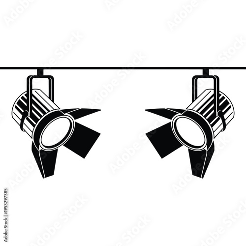 Two track lighting fixtures attached to a ceiling rail system isolated on white background, Vector, illustration
