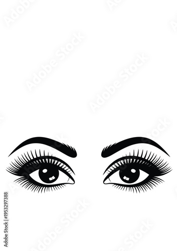 A pair of stylized eyes with thick eyelashes and expressive gaze isolated on white background, Vector, illustration