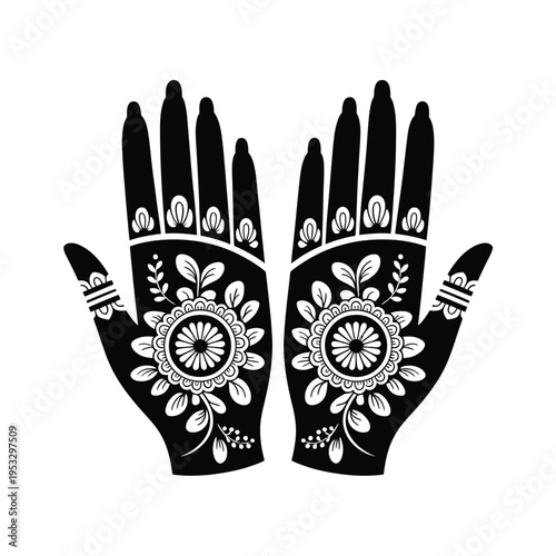 Intricate henna-inspired decorative gloves design with symmetrical floral patterns isolated on white background, Vector, illustration