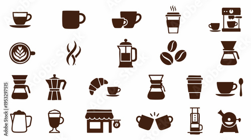 Collection of coffee-related icons showing cups, beans, and brewing equipment