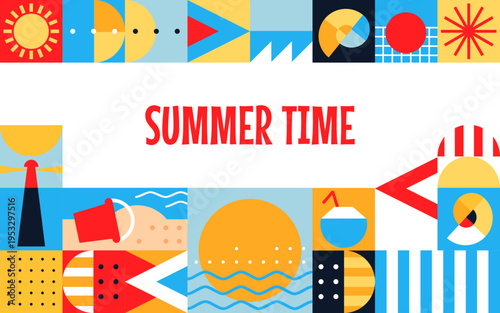 Summer time travel and vacation journey retro poster with geometric pattern. Bright vector sun, lighthouse, beach, watermelon and coconut drink of summer travel promotion or vacation agency banner