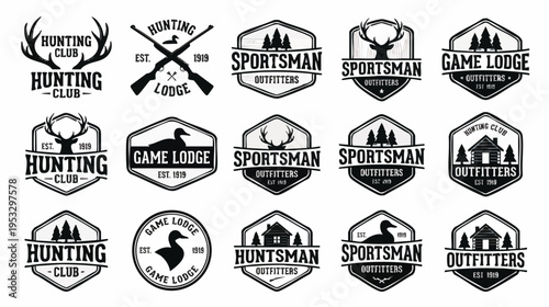Collection of vintage hunting and outdoor club emblems featuring various badge designs and wildlife motifs