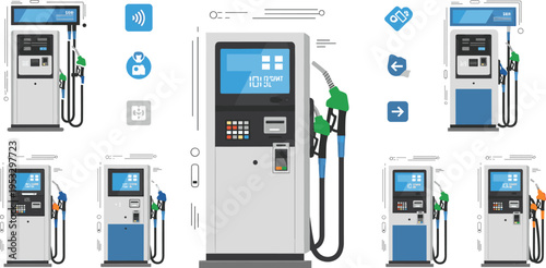 Fuel pump station set with modern gas dispenser machines, petrol filling equipment illustration, energy and transportation vector collection for service design