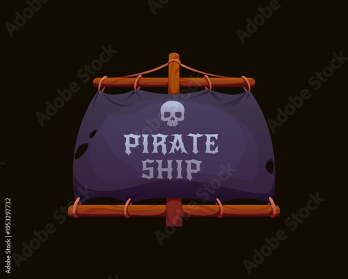Pirate ship mast with black sails cartoon heraldry icon. Vector corsair boat sail with wooden mast and rugged dark fabric, featuring the text pirate ship and skull. Sea marine adventure game asset