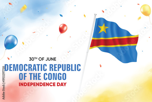 Democratic Republic of the Congo Independence Day. Democratic Republic of the Congo Flag Waving With Floating Balloons On Watercolor Grunge Backgorund Design Vector Illustration.
