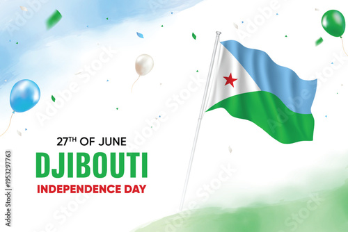 Djibouti Independence Day. Djibouti Flag Waving With Floating Balloons On Watercolor Grunge Backgorund Design Vector Illustration.