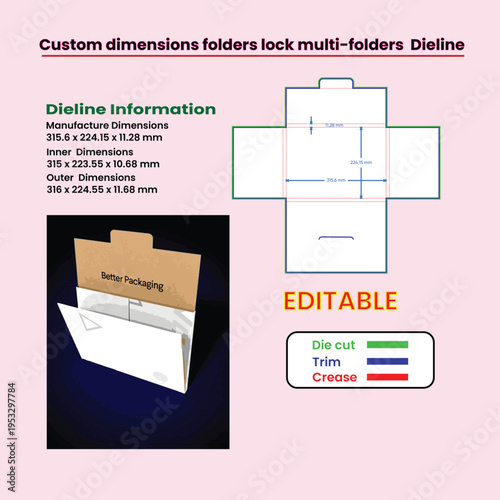 Custom dimensions folders lock multi-folders dieline and packaging box vector illustration