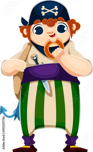 Cartoon cute pirate kid wearing bandana with crossbones, striped pants and holding donut. Vector sea sailor, boatswain or skipper funny child character ready for sea adventures with sword in his belt