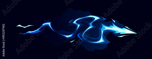 Cartoon game gun effect. Vibrant blue gunshot trail that glows and leaves a lingering smoke trail. Cartoon vector effect for sci fi game, laser weapon visual or futuristic combat animation