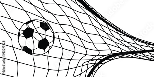 Soccer ball hitting the goal net, black and white sports vector illustration for competition