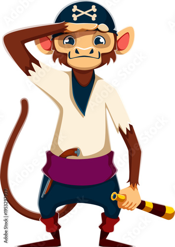 Cartoon monkey animal pirate vector character or corsair holding a spyglass in one hand and watching with the other. Monkey pirate animal dressed in white shirt, purple sash, bandana and trousers