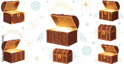 Glowing treasure chest collection with golden light, magical loot boxes set, fantasy wooden storage illustration for game design and adventure themes