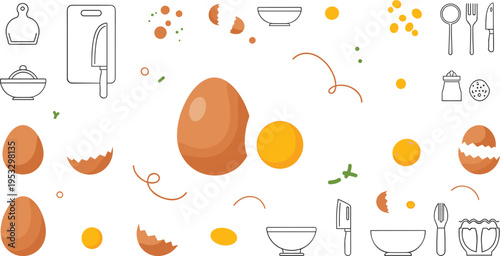 Egg cooking process illustration with kitchen elements, cracked shells and yolk stages, modern food preparation vector set for culinary design