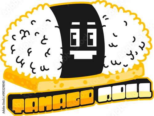 Asian restaurant tamago sushi roll retro Y2K sticker or tag. Japan seafood delicacy 60s 70s label, Japanese cuisine meal retro vector sticker. Asian menu dish Y2K tag with tamago sushi funny character