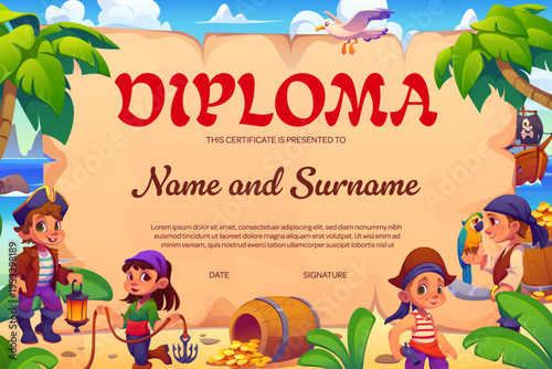 Kid diploma certificate of pirate captain or corsair. Sunny shore with group of children in bandanas, and tricorn pirate hats, with anchor and weapons in arms. Vector certificate for summer camp