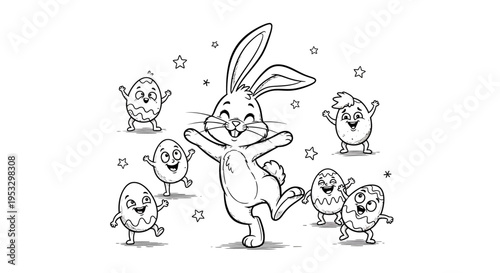 A dancing rabbit surrounded by happy eggs.