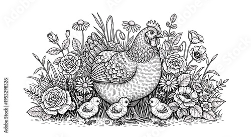 A mother hen and her chicks surrounded by flowers and plants.