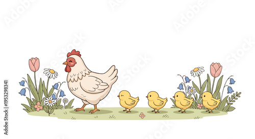 A mother hen and her chicks walking in a garden.