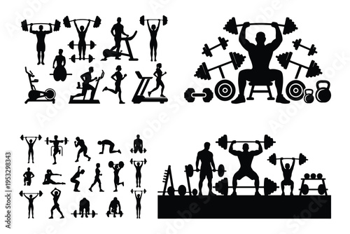 Black silhouettes of people exercising with gym equipment 1